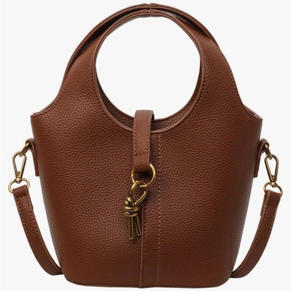 Top handle leather bucket bag with crossbody strap small size in honey brown - Picture 3 of 5